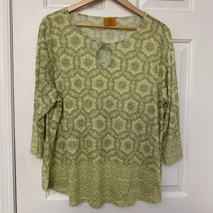 Ruby Rd. Sage Green Patterned Blouse with Keyhole Cutout